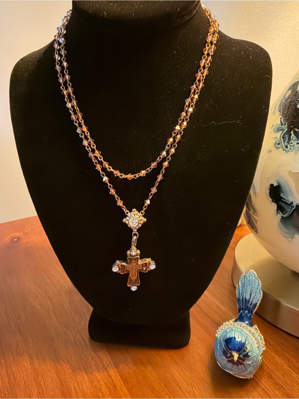 Virgins Saints & Angels Gold Rosary Cross Pendant with Pink Crystal Necklace